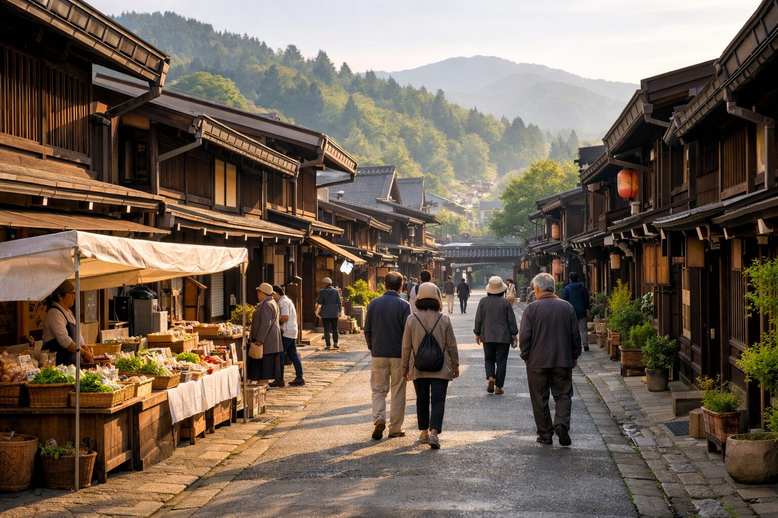 高山の古い町並みと朝市のにぎわいを感じられる観光イメージ
