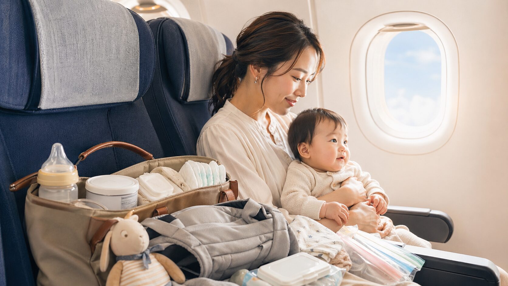 赤ちゃん連れの初フライトに備えて親子が持ち物を準備しているイメージ