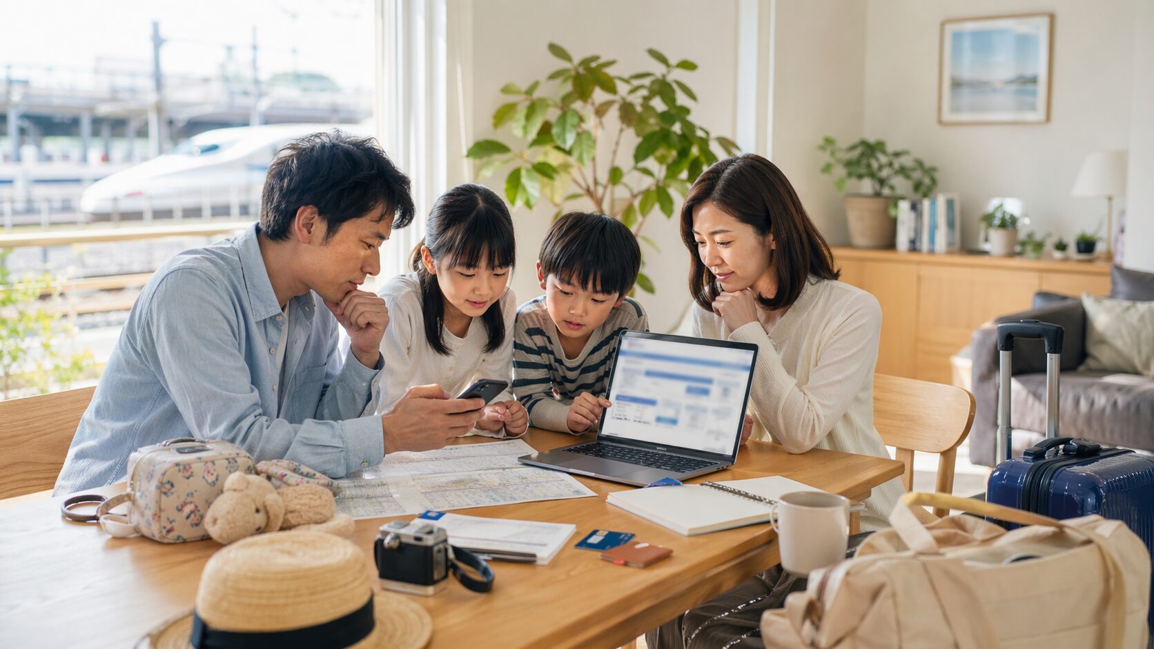 帰省シーズンの新幹線予約をスマホで確認している家族のイメージ