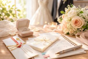 結婚式の準備をイメージしたテーブルの上に、招待状やご祝儀袋、指輪ケース、ブーケ、スケジュール帳が並んでいる様子