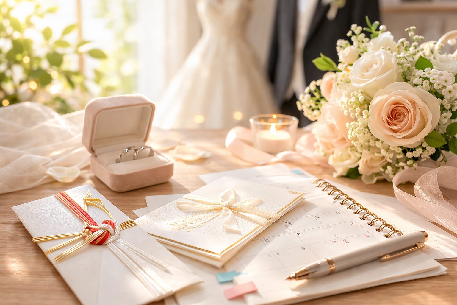 結婚式の準備をイメージしたテーブルの上に、招待状やご祝儀袋、指輪ケース、ブーケ、スケジュール帳が並んでいる様子