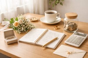 結婚式準備とお金の計画をイメージしたテーブル風景