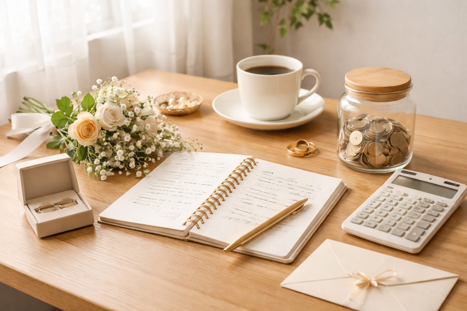 結婚式準備とお金の計画をイメージしたテーブル風景