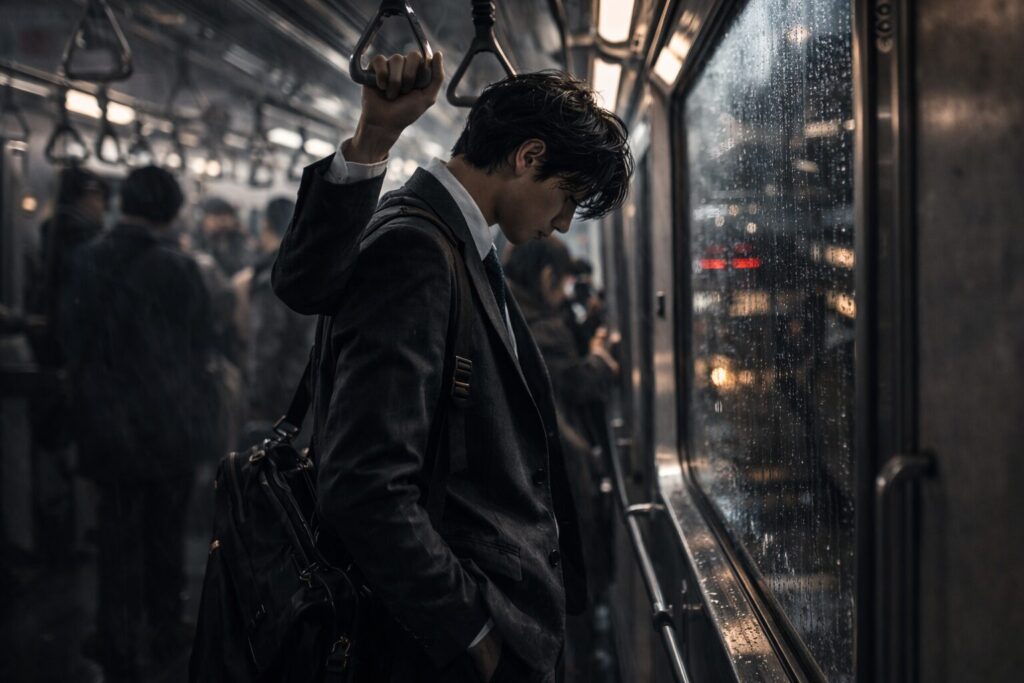 月曜朝の通勤電車で仕事に向かい気持ちが重い表情の男性