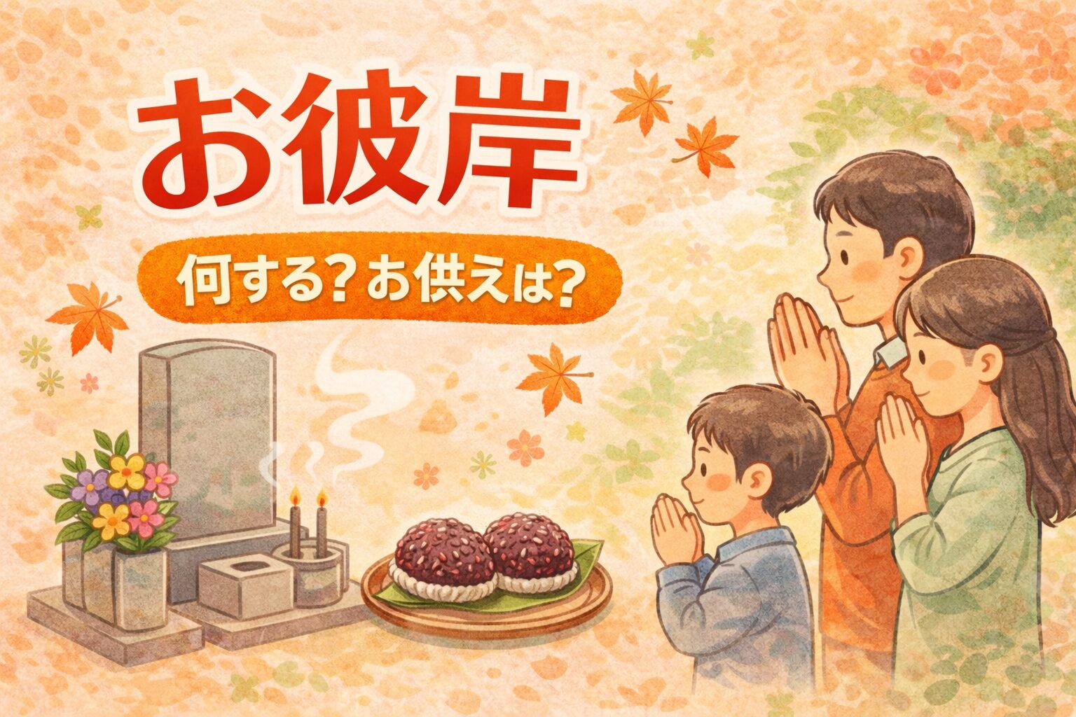 お彼岸のお墓参りとお供えのイラストアイキャッチ