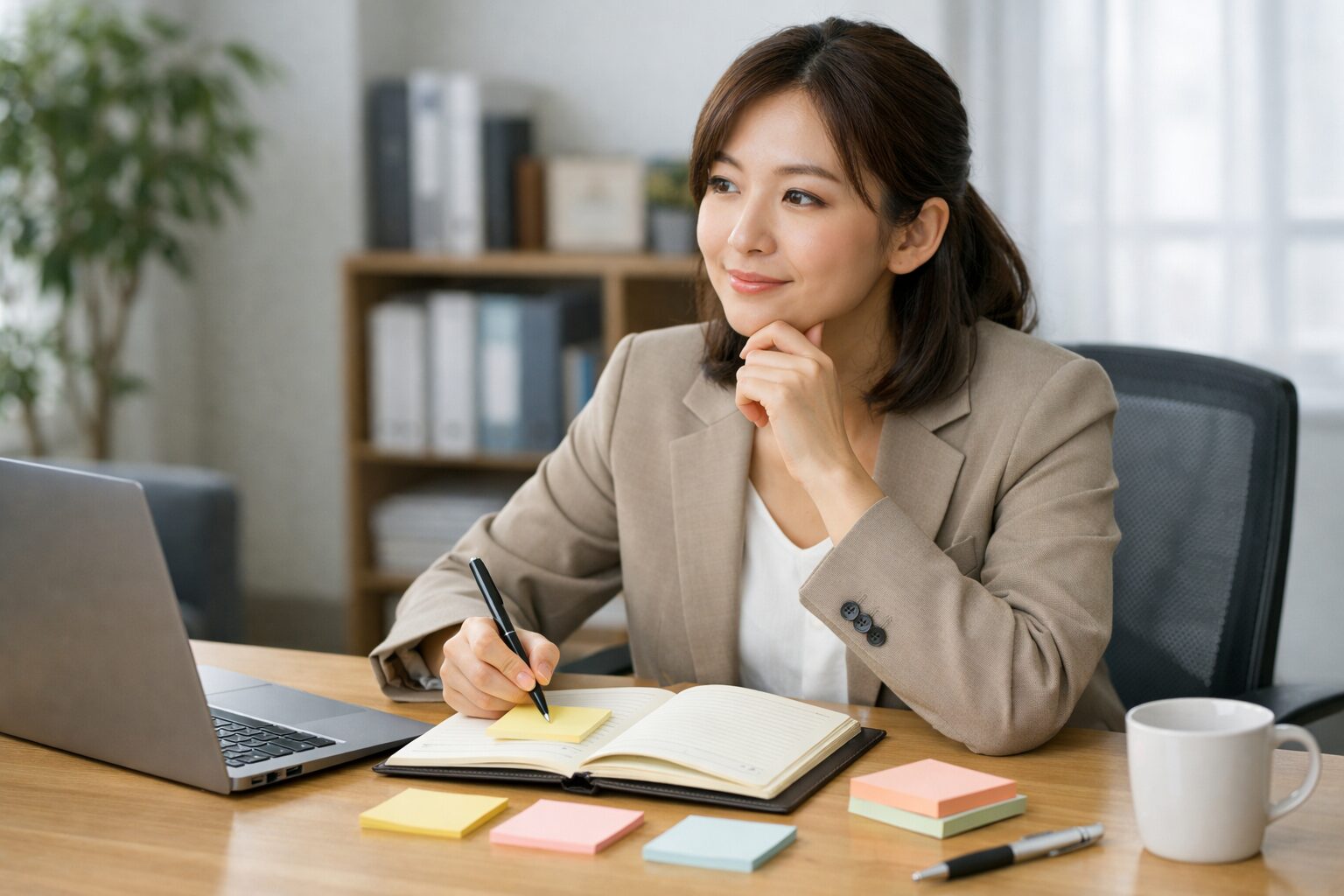 仕事の悩みを整理しながらメモを取るビジネスパーソンのイメージ