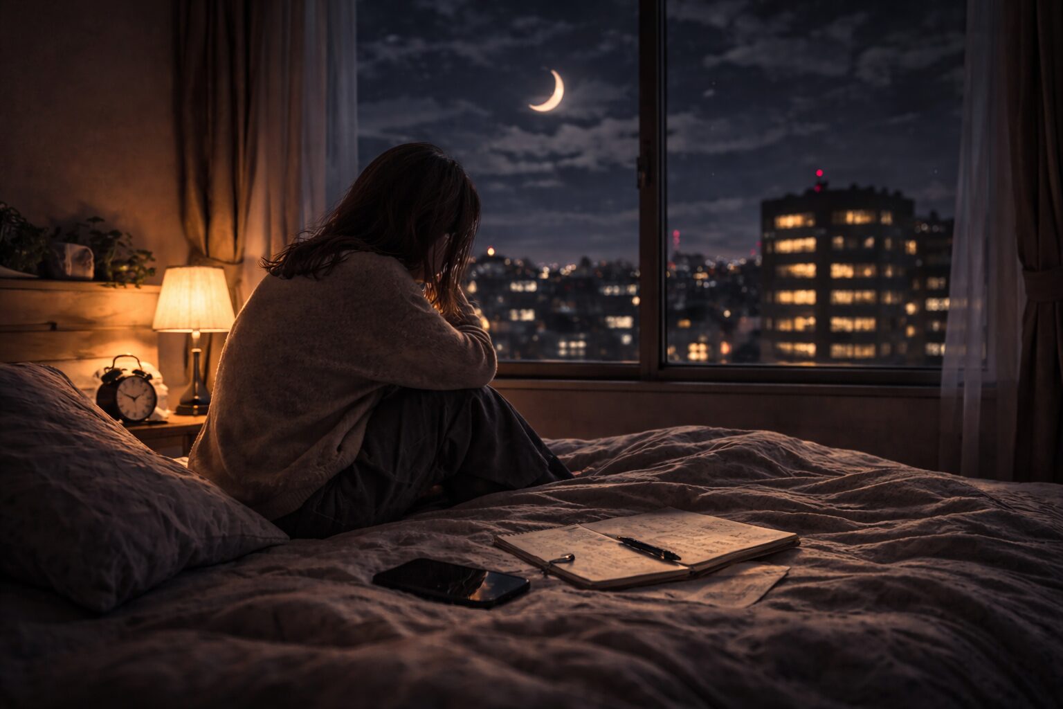 日曜の夜に月曜の仕事を思い不安な気持ちでベッドに座る女性の様子