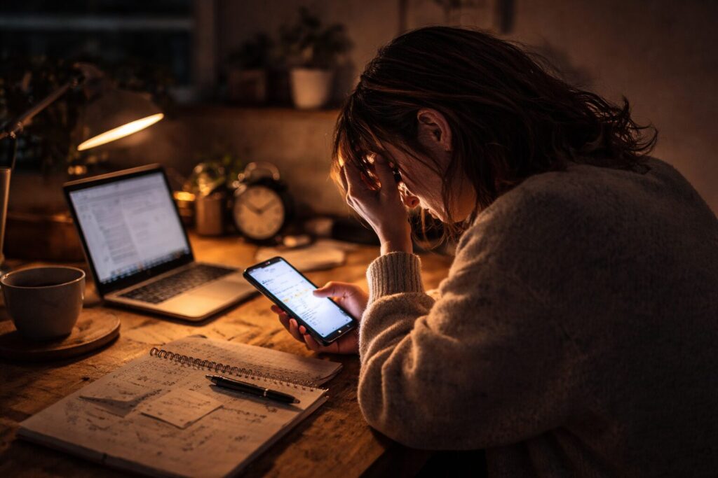 夜の部屋で月曜の予定通知を見て仕事を思い出し不安になる女性