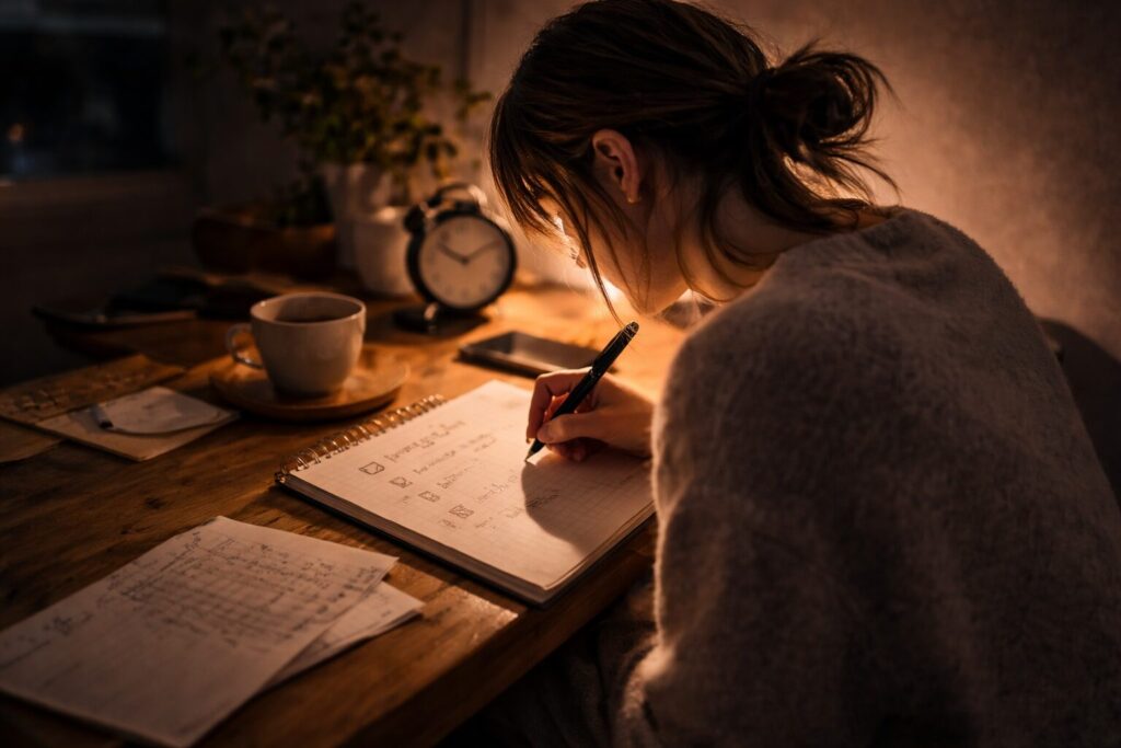 日曜の夜にノートへタスクを書き出して気持ちを整理する様子