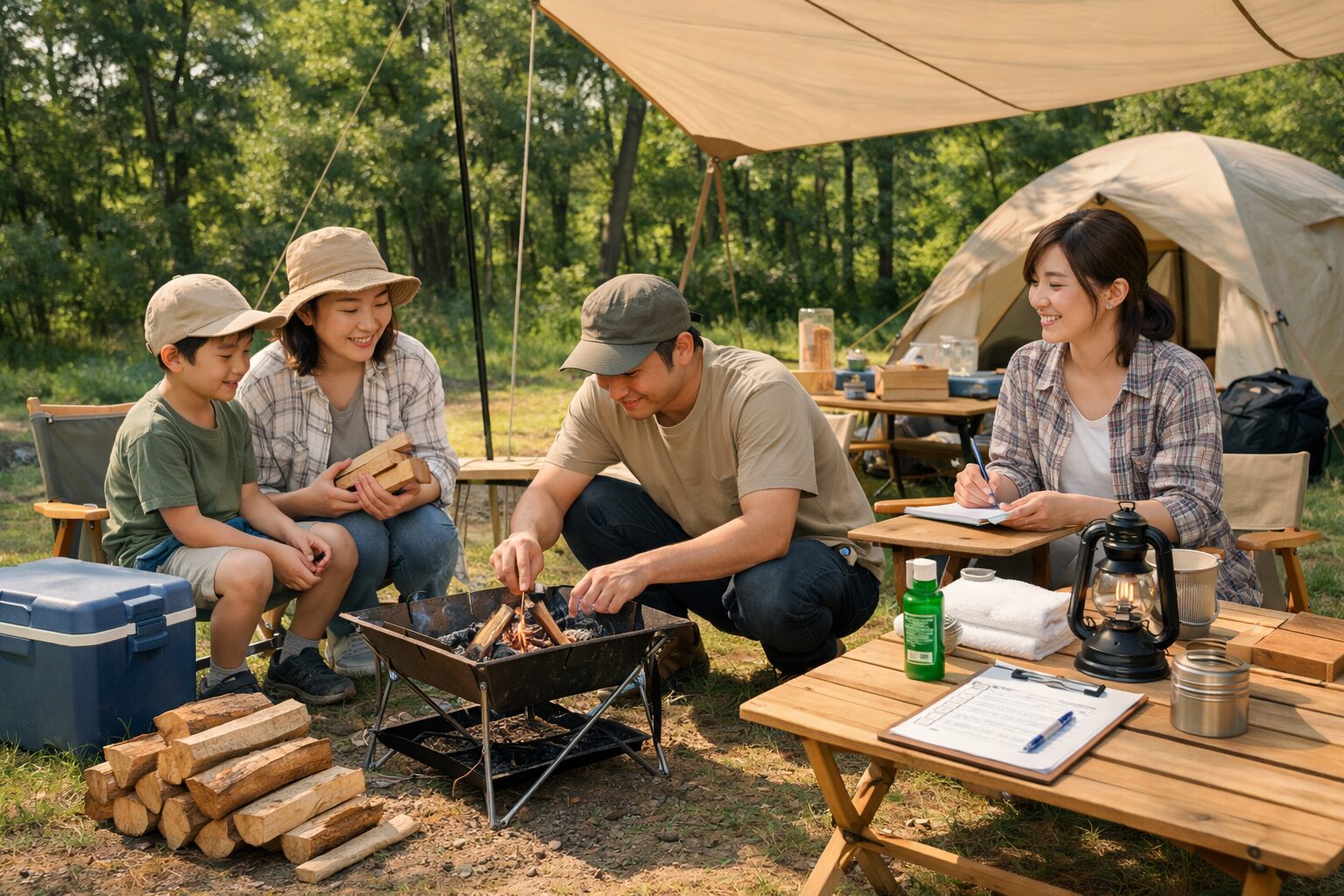 自然の中で焚き火やキャンプ道具を準備しながら過ごす家族キャンプの様子