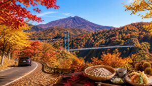 茨城の紅葉スポットを巡る秋のドライブをイメージした風景
