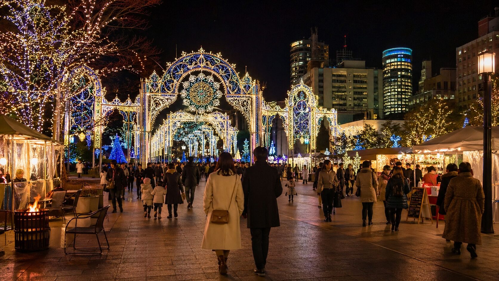 神戸ルミナリエの光に包まれる東遊園地の冬の夜景