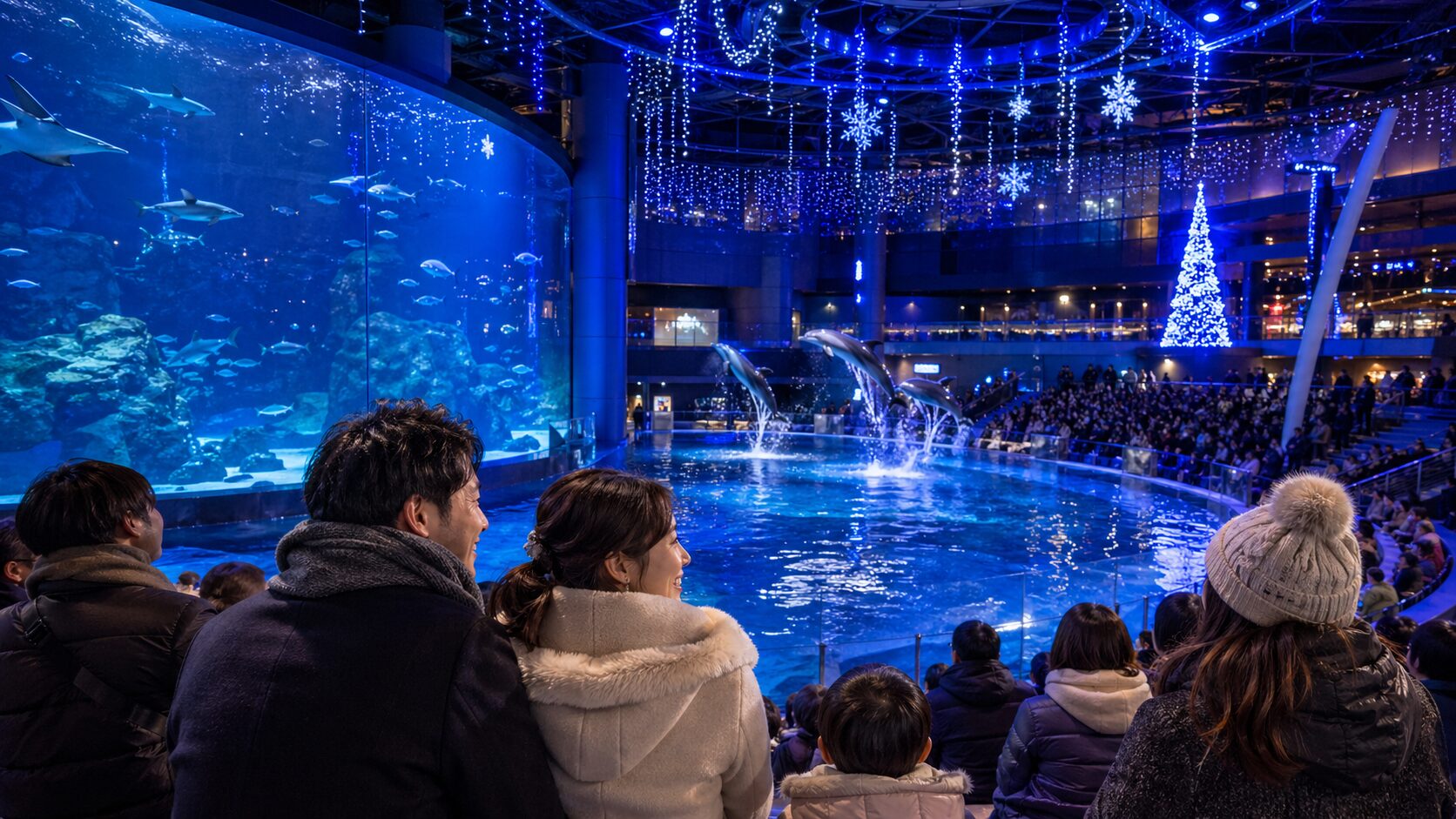 神戸須磨の水族館で冬のイルミネーションを楽しむ親子とカップル