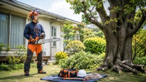 保護具を着用して庭木の前でチェーンソー作業の安全確認をする人
