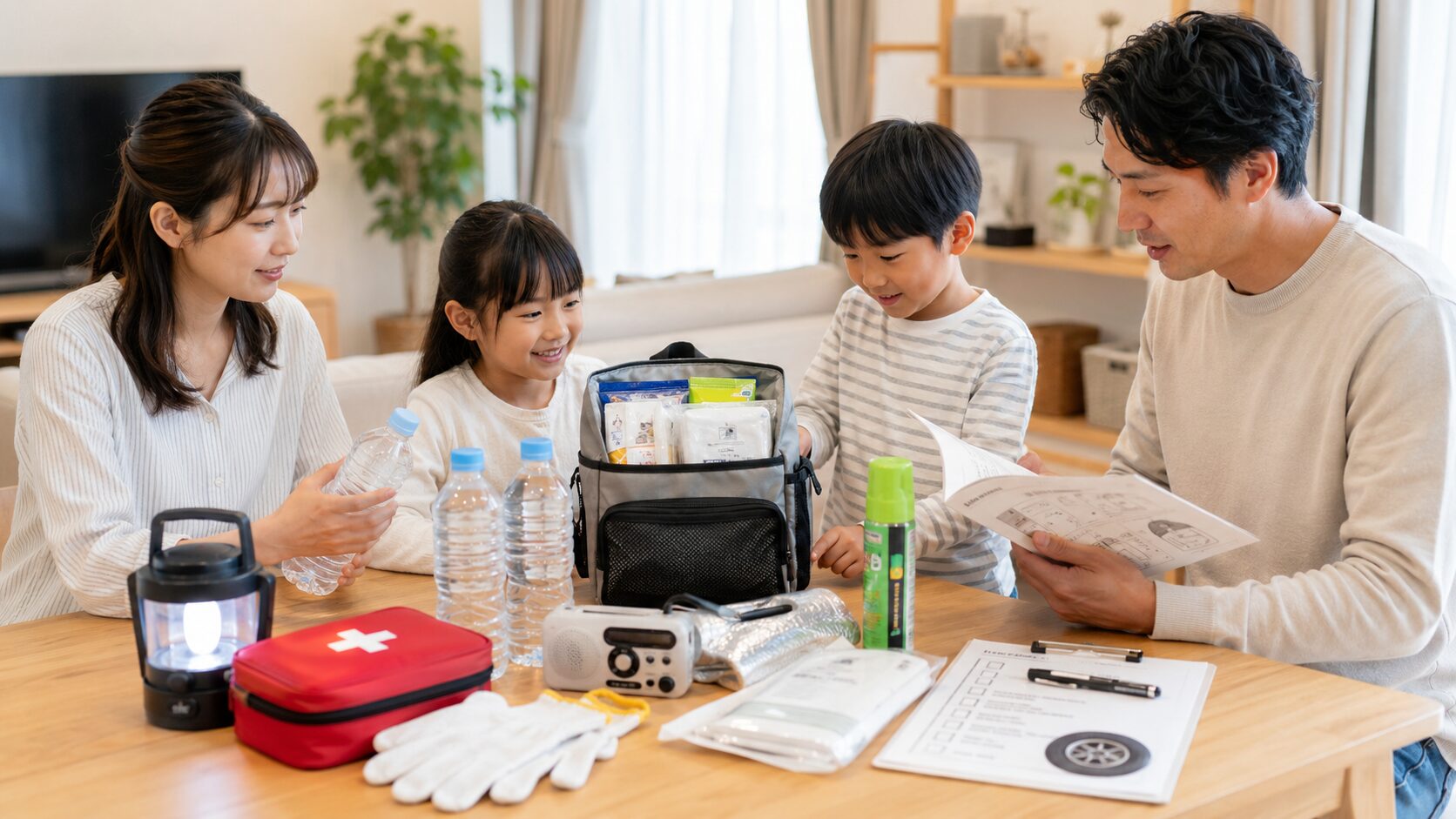 防災グッズや生活用品を確認しながら暮らしの備えを整える家族