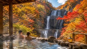 茨城の紅葉スポットと温泉をイメージした、滝や渓谷、色づいた木々が美しい秋の風景