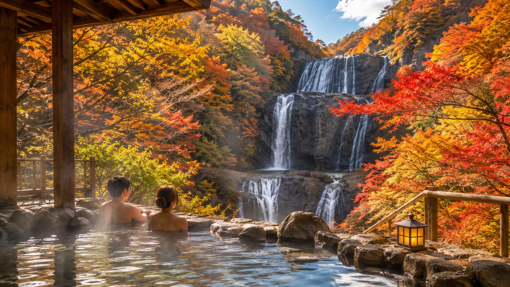 茨城の紅葉スポットと温泉をイメージした、滝や渓谷、色づいた木々が美しい秋の風景