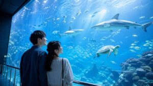 アクアワールド茨城県大洗水族館の巨大水槽を眺めるカップルのイメージ
