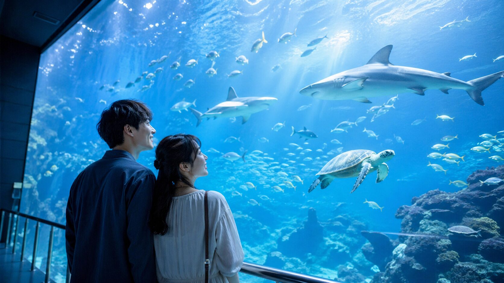 アクアワールド茨城県大洗水族館の巨大水槽を眺めるカップルのイメージ