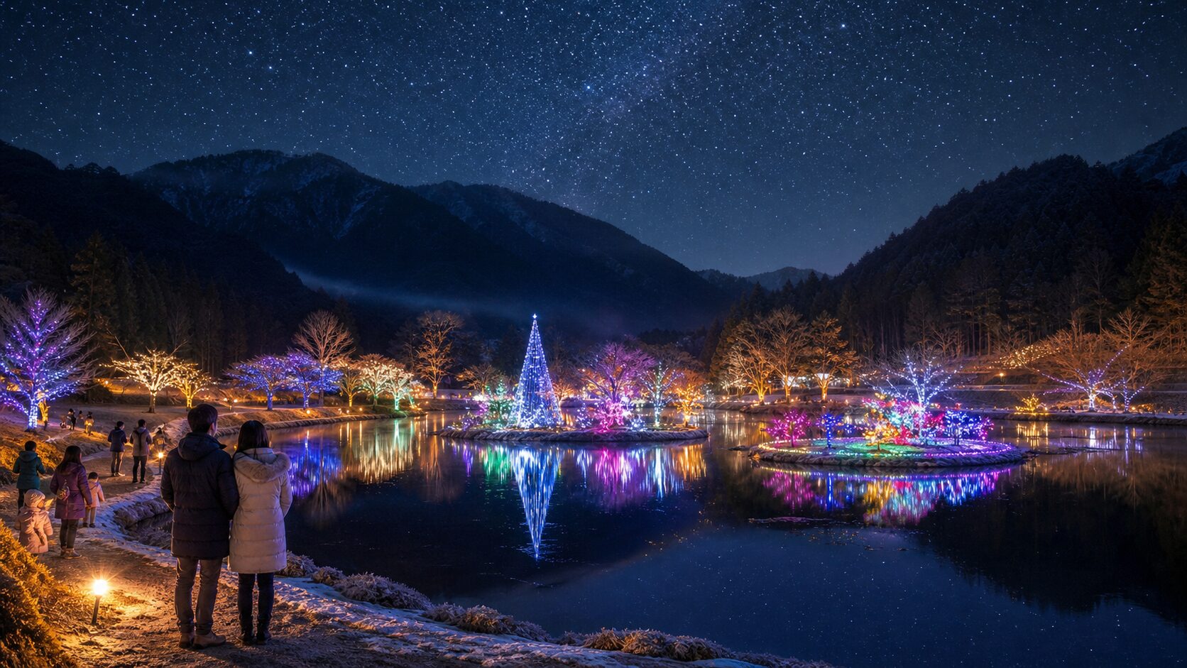 下北山スポーツ公園の池に映るイルミネーションと満天の星空