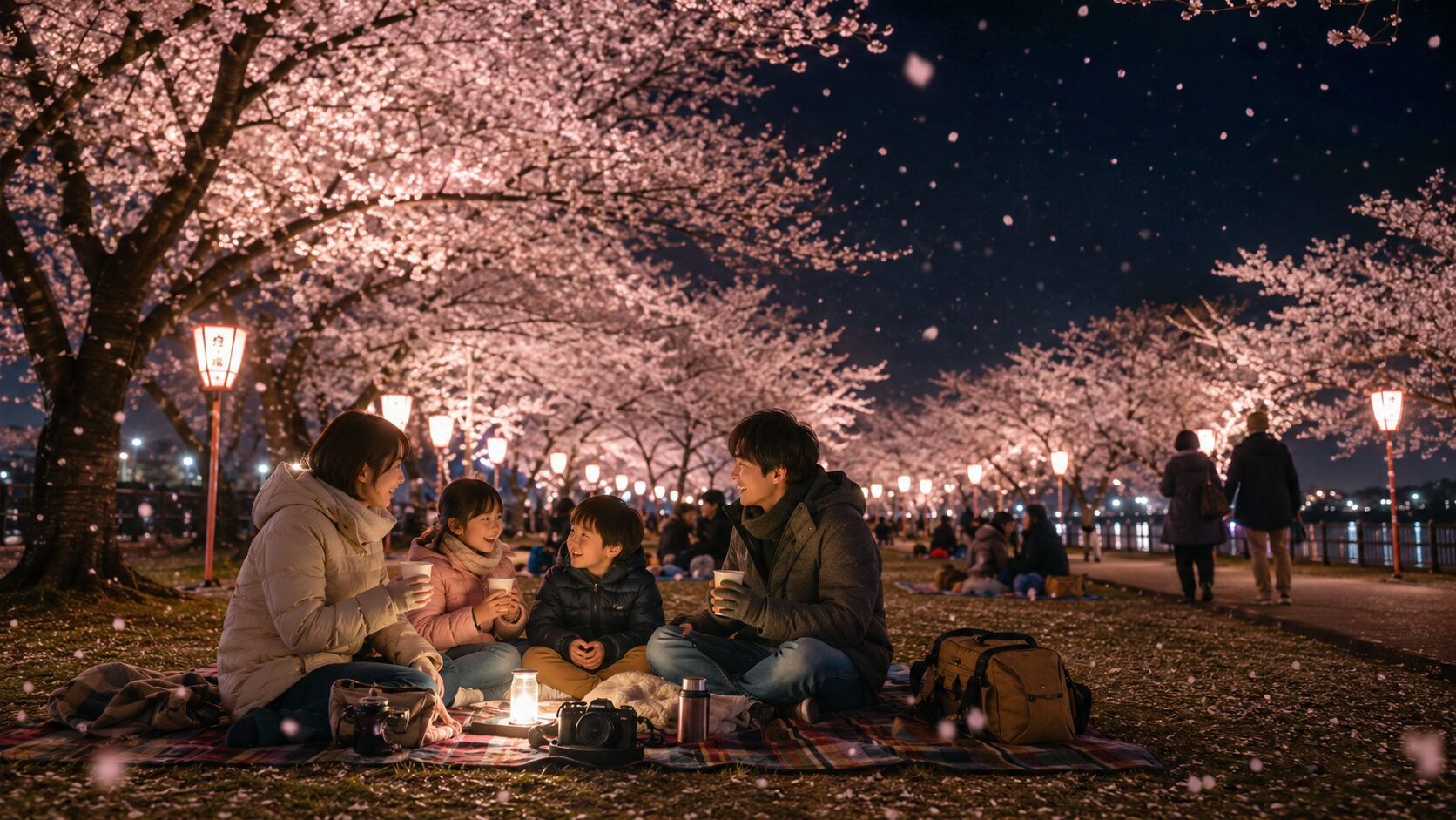 栃木県の夜桜を防寒しながら楽しむ家族