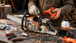 チェーンソーのエンジントラブル点検とメンテナンス作業をしている様子