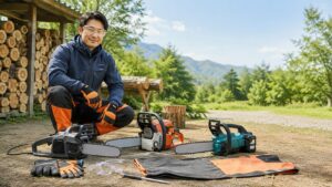 保護具を着用した作業者がチェーンソーと丸太を前に安全な使い方を確認している様子